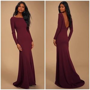 Lulu’s Wait For Me Long Sleeve Maxi Dress Open Back Gown in Burgundy Size Medium